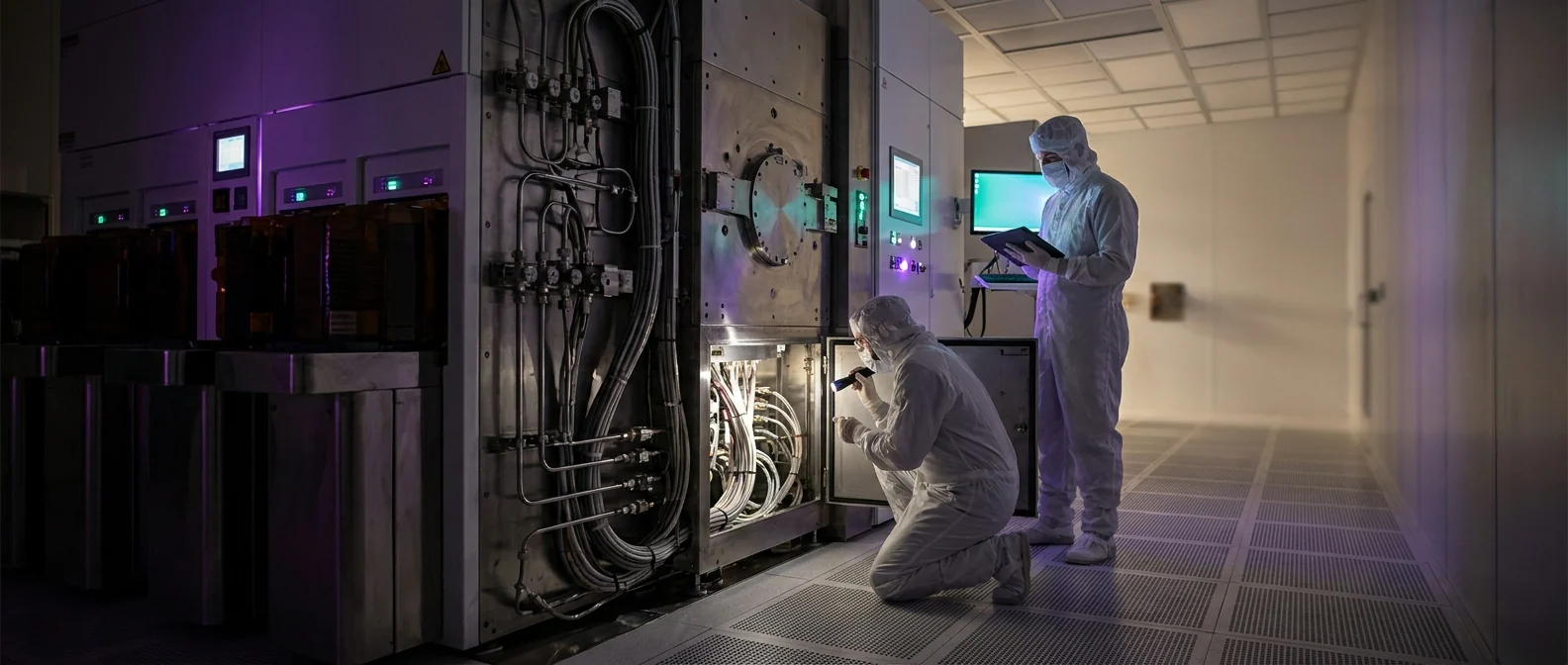 Engineers in cleanroom suits servicing a process tool